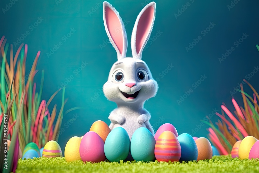 Cute easter bunny smiling surrounded by easter eggs, cartoon style. Generative AI