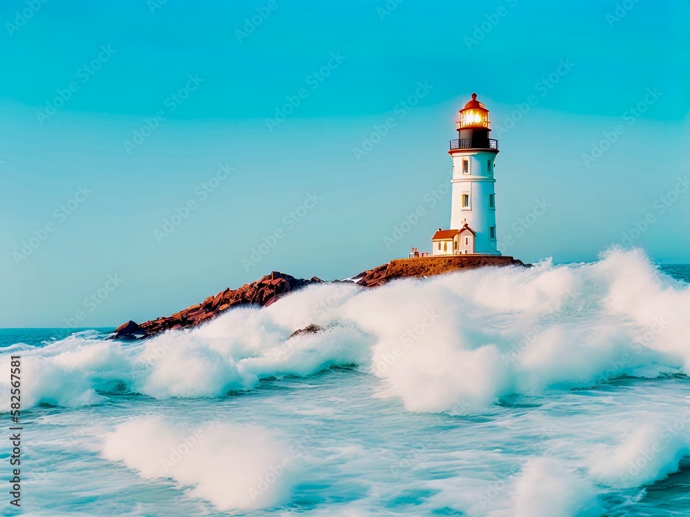 Lighthouse situated on a rocky outcrop with powerful waves crashing against its base, Designed with the help of AI