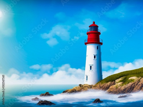 Lighthouse on island near ocean coast, Designed with the help of AI