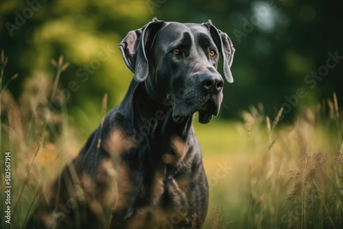 Selective Focus on a Lovely Black Great Dane in a Summer Field. Generative AI