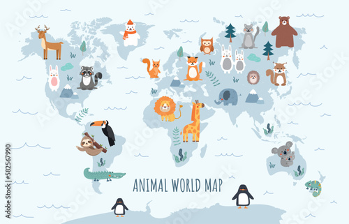 animal-world-map-educational-material-for-children-biology-and-zoology-fauna-of-different-countries-and-continents-nature-and-discovery-cartoon-flat-vector-illustration