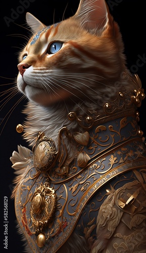 Blue-eyed cat in royal clothes. Oil paint. Realistic style