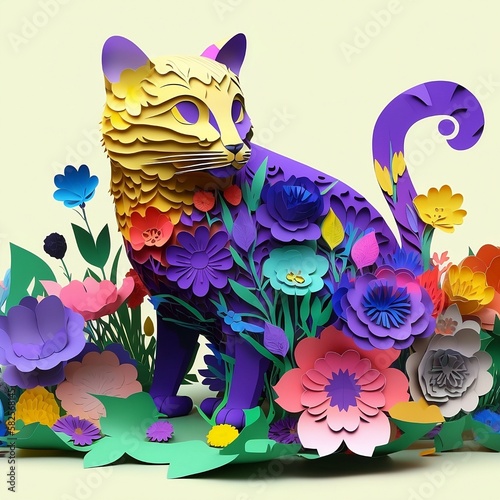 A colorful cat with flowers paper craft