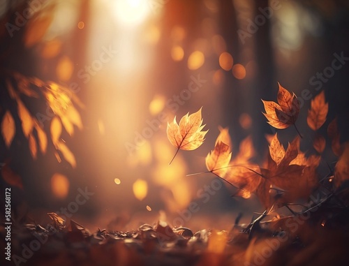 Leaves Falling In Defocused Autumn Forest With Sunlight  generative ai
