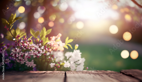 Spring tree blooming in the green garden. Background with defocused Bokeh lights and sparkling effect. AI generated illustration.
