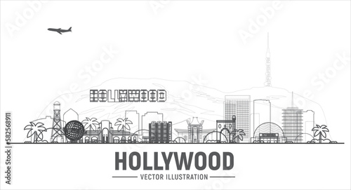 Hollywood LA (Los Angeles) line skyline in white background. Vector Illustration. Business travel and tourism concept with modern buildings. Image for banner or website.