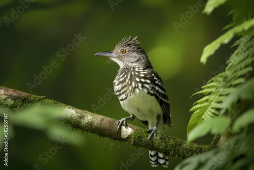 Barred antshrike in the rainforest, perched in black and white on a branch with a green background. Generative AI