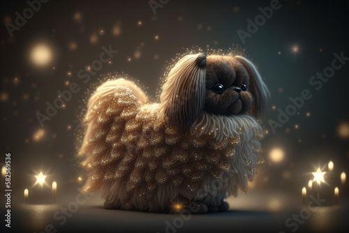 Pekingese dog, a beautiful toy souvenir for a child's holiday. Soft toy puppy in the children's room. Created with AI.