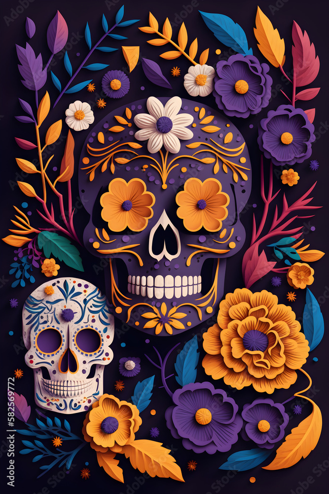 Fototapeta premium Illustration inspired by the day of the dead in Mexico, created with Generative AI technology