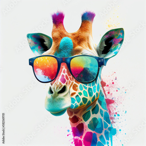Giraffe hipster in sunglasses. Generated in AI. Multi-colored and bright..