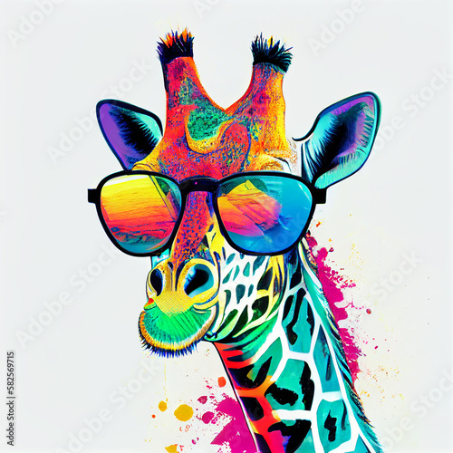 Giraffe hipster in sunglasses. Generated in AI. Multi-colored and bright..