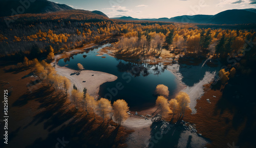 drone photography, mountain rivers and forests, cinematic shot. Picturesque nature photos from a drone
