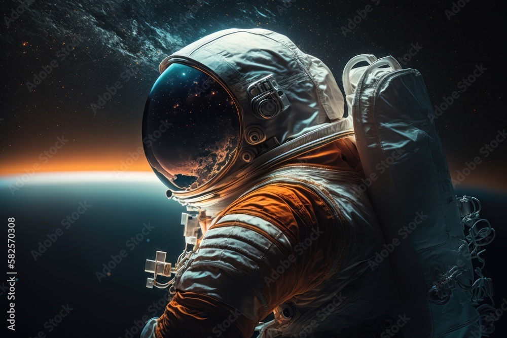 Fototapeta premium Astronaut in space, no face. AI generated