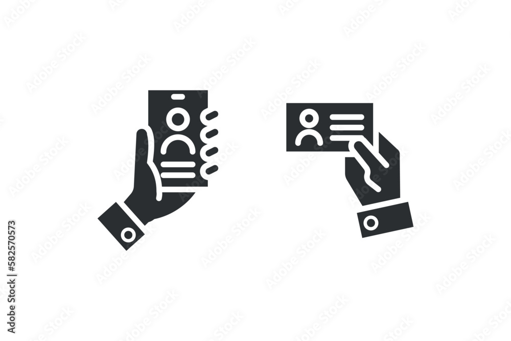 Hand holding id card icon. Hand shows indification card illustration symbol. Sign show document persons vector desing.