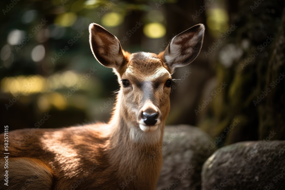 Picture of a Nara deer in Japan's Nara. Popular wild deer can be found at Nara Park, a city park where 1,200 wild sika rotate freely and are protected as a natural monument. background that is fuzzy