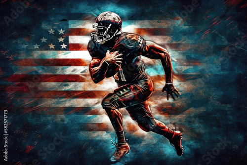 american football player running with usa flag background. AI generated illustration