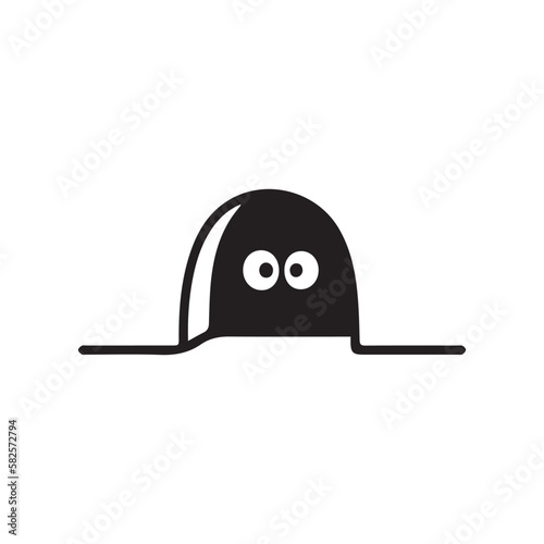 cartoon.  burrow from which eyes peep out. mouse hole. simple black and white vector illustration. flat icon or logo. funny. hide