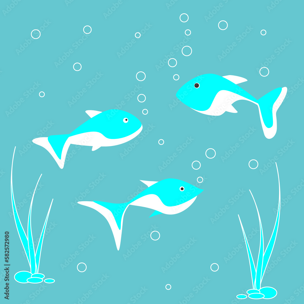 Set of small and large blue marine fish swim on blue background. Cartoon nautical characters live in ocean. Wild nature of aquatic environment.