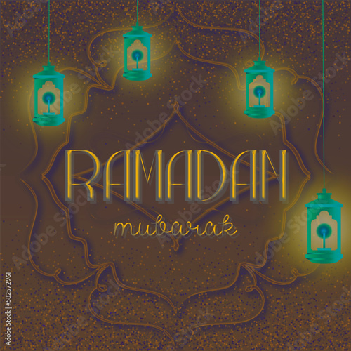 traditional islamic ramadan kareem card design with hanging lanterns. Vector illustration