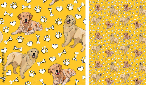 Golden retriever dog on a playful yellow background with bones and paws. Funky, colorful vibe, vibrant palette. Simple, clean, modern texture. Summer seamless pattern with dogs. Birthday present. Love