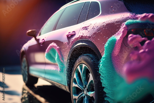 Car wash with colored foam. AI generated