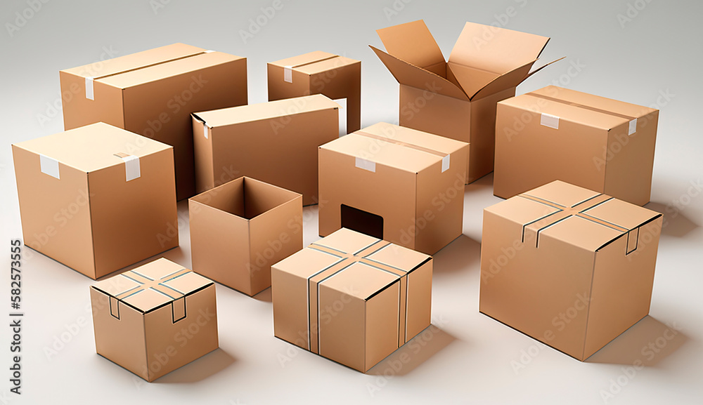 Cardboard packaging boxes on a white background. Generative AI Cardboard packaging boxes on a white background. Generative AI