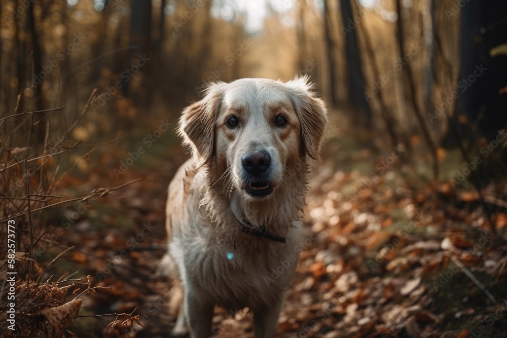 The dog walks in the woods. Close up. Generative AI The dog walks in the woods. Close up. Generative AI