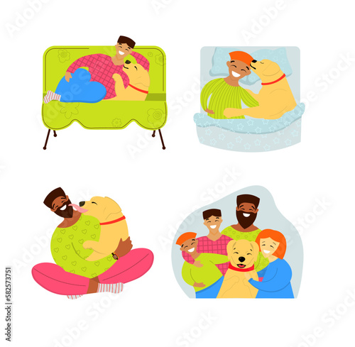 A set of stickers with a dog Family favorite Mixed family with a dog A man cuddles with a labrad