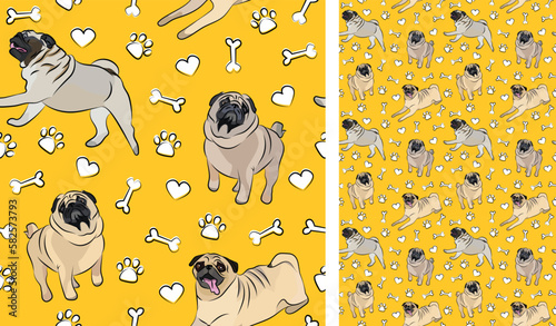 Pug dog on a playful yellow background with bones and paws. Funky, colorful vibe, vibrant palette. Simple, clean, modern texture. Summer seamless pattern with dogs. Birthday present. Valentine, love.
