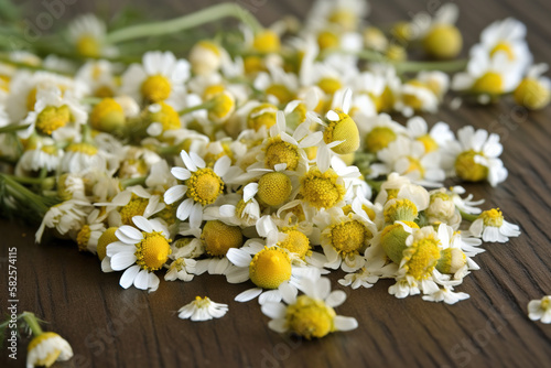 Camomile herb pictures showcase the dainty and charming flowers of the Matricaria chamomilla plant.  photo