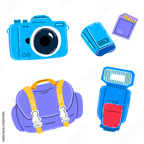 Photorgapher equipment. Set of photographer tools. Digital photography.  Camera, speedlight, battery, memory card, camera bag. Hand drawn vector photo