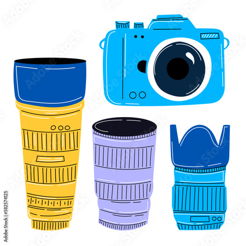 Digital photography equipment. Camera with different type of lens. Zoom, telephoto lens, macro. Hand drawn vector illustration. Isolated photo