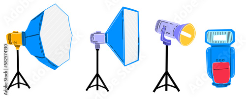 Photo stuido lightning equipment. Different type of light for photography. Photographer equipment.  Softbox, speedlight, Hand drawn vector illustration. Isolated