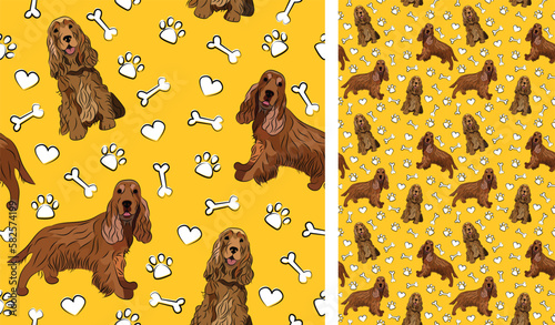 Cocker Spaniel dog on a playful yellow background with bones and paws. Funky, colorful vibe, vibrant palette. Simple, clean, modern texture. Summer seamless pattern with dogs. Birthday present.
