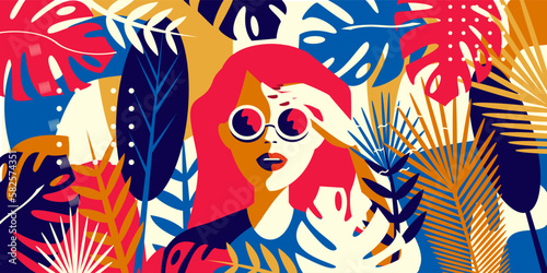 Vector illustration of a girl among colorful leaves.