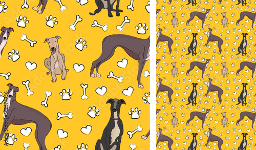 Greyhound dog on a playful yellow background with bones and paws. Funky, colorful vibe, vibrant palette. Simple, clean, modern texture. Summer seamless pattern with dogs. Birthday present. Valentine
