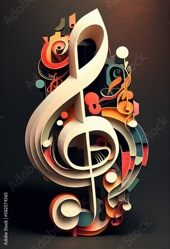 Treble clef symbol, artsy stylized design illustration on dark background for music festival and concert poster. Generative AI