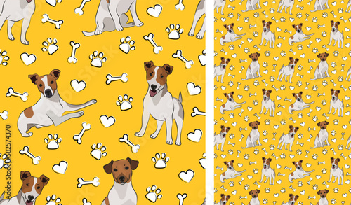 Jack Russell dog on a playful yellow background with bones and paws. Funky, colorful vibe, vibrant palette. Simple, clean, modern texture. Summer seamless pattern with dogs. Birthday present.Valentine