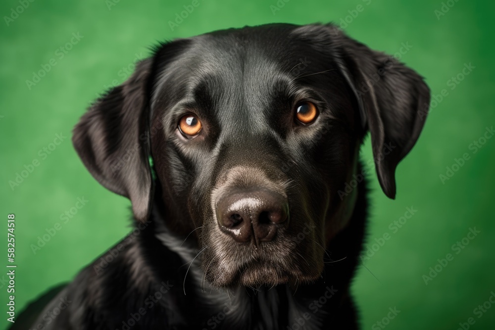 On a green background, a cute and interested black Labrador. Wonderful dog, very friendly, calm, and entertaining. Excellent for families with children. Excellent companion. Generative AI