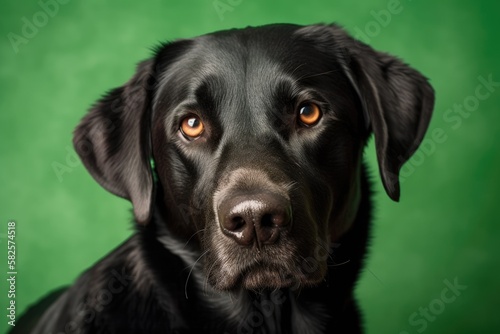 On a green background, a cute and interested black Labrador. Wonderful dog, very friendly, calm, and entertaining. Excellent for families with children. Excellent companion. Generative AI © AkuAku