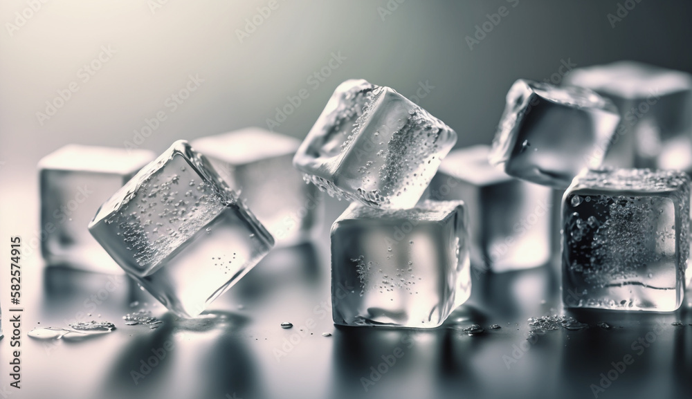 Closeup of ice cubes on a table. Generative AI. Closeup of ice cubes on a table. Generative AI.