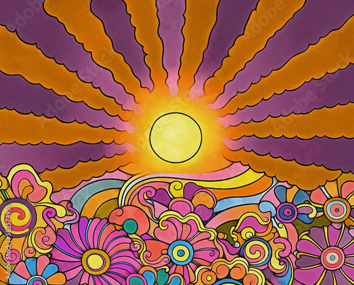 A groovy 1960s-style illustration with a sunset, rainbows, and flowers, original lines created in Adobe Illustrator, rasterized andcolored in and drawn on with a graphics tablet and painting software. photo