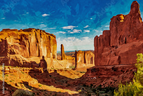 Digitally created watercolor painting of Park Avenue Trailhead with shadows from sunrise in Arches National Park, Moab