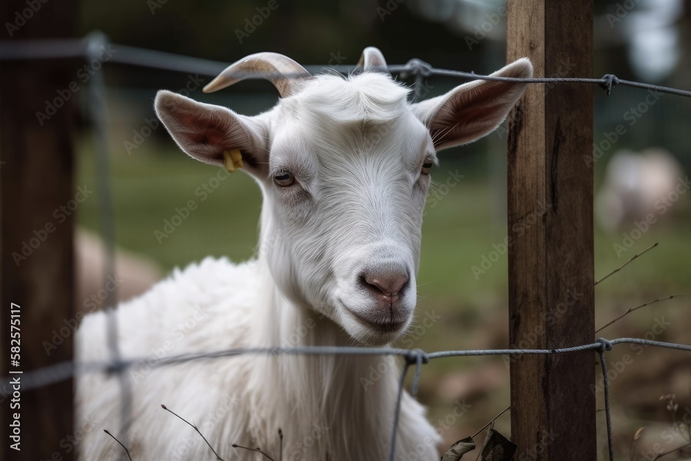 Little white goat in a goat farm or zoo fence. Generative AI Little white goat in a goat farm or zoo fence. Generative AI