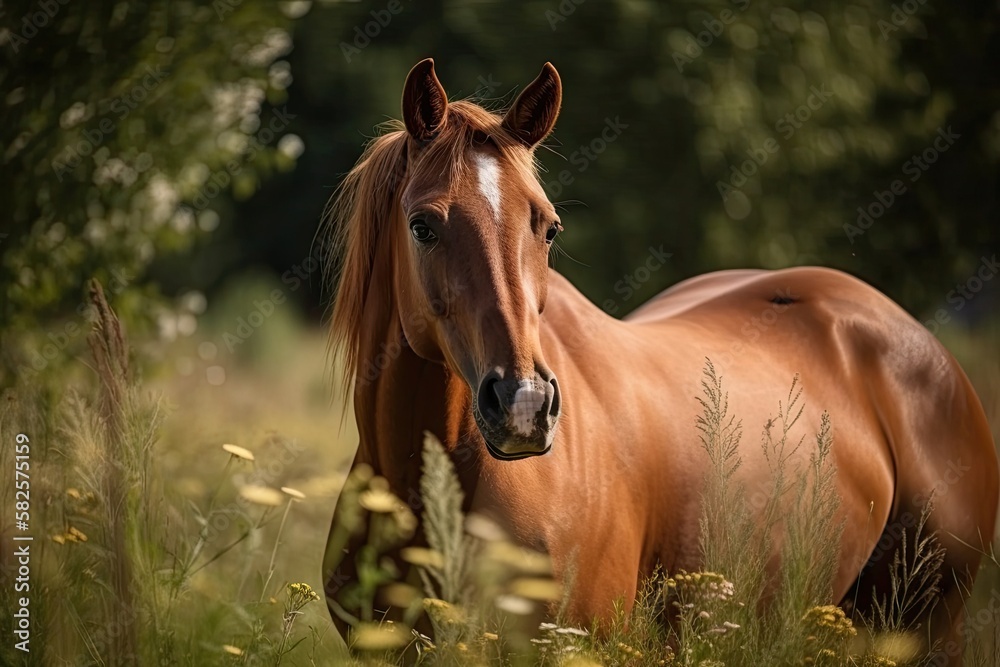 Obraz premium In a meadow, a brown horse is grazing. Generative AI