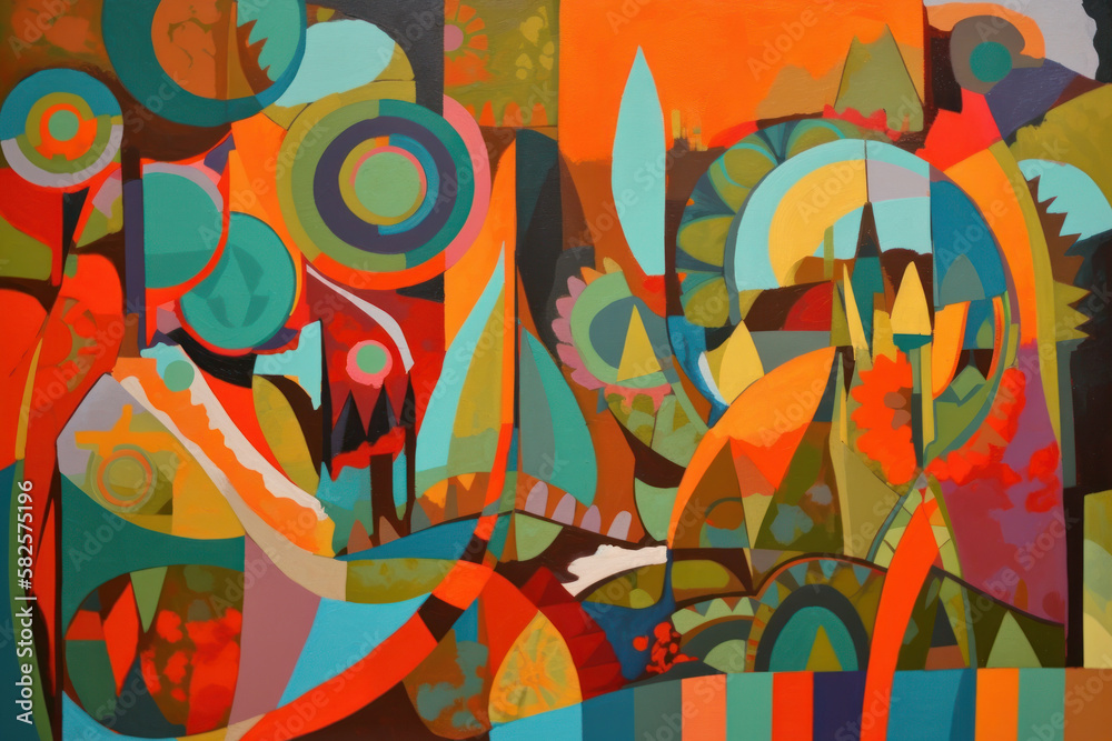 Fototapeta premium Abstract stylized colors kitsch mid century modern art background. Generative ai.