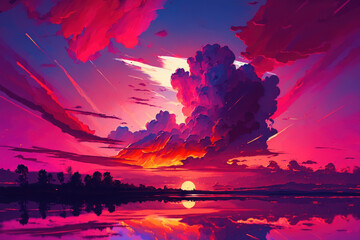 Acrylglasbilder Pantone 2023 Viva Magenta Beautiful colorful trendy viva magenta color sunset sky landscape. Generative ai.  © ant
