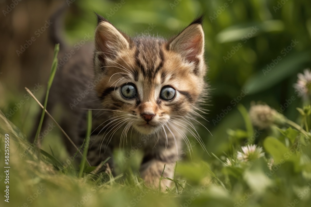 kitten running and rolling on grass. Generative AI