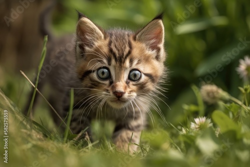 kitten running and rolling on grass. Generative AI © AkuAku