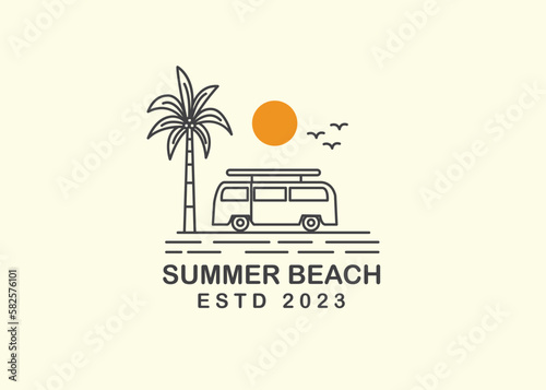 beach view with palm trees and car surfboard in mono line art, patch badge design, emblem design, T-Shirt Design
